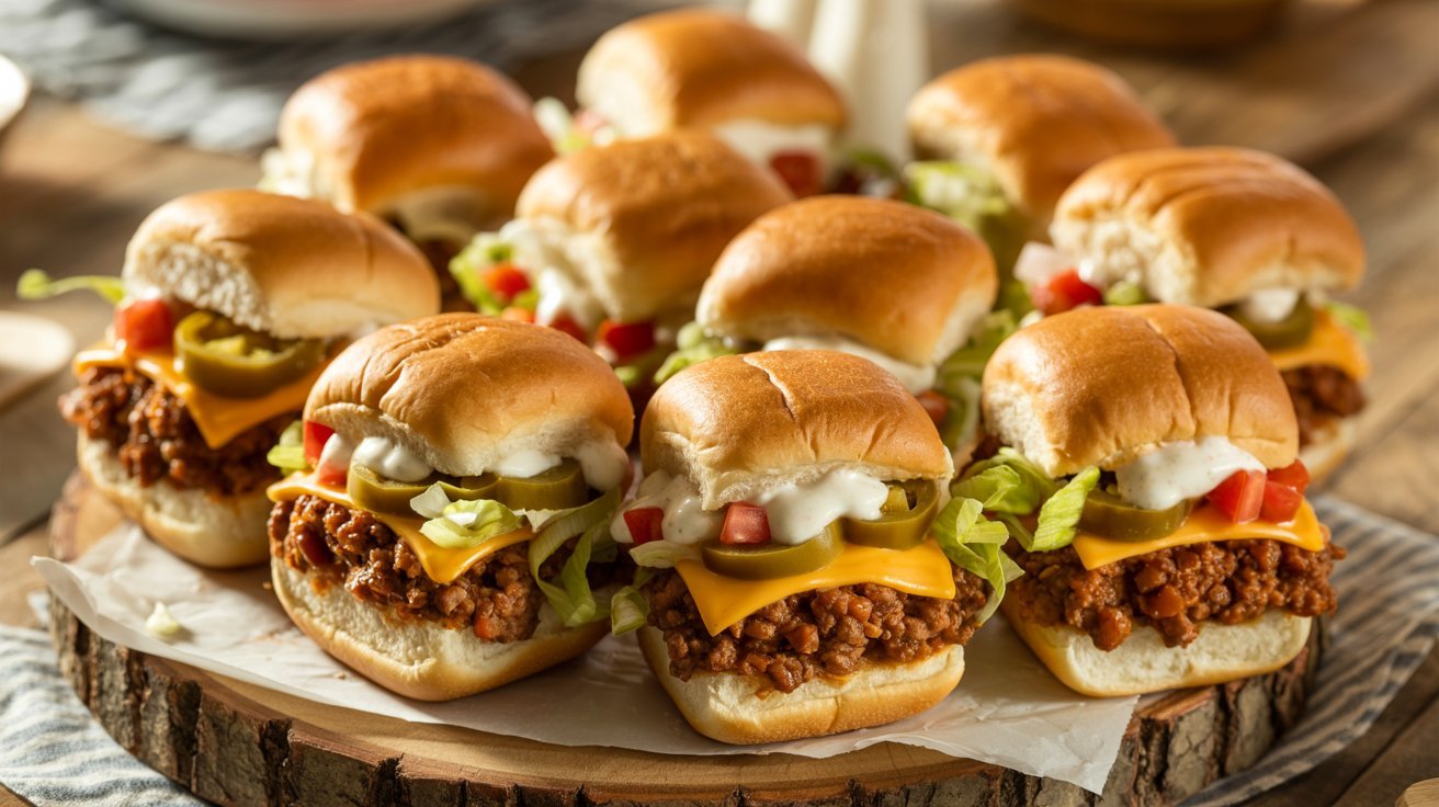 wooden tray holds taco sliders garnished with chili and cheese.
