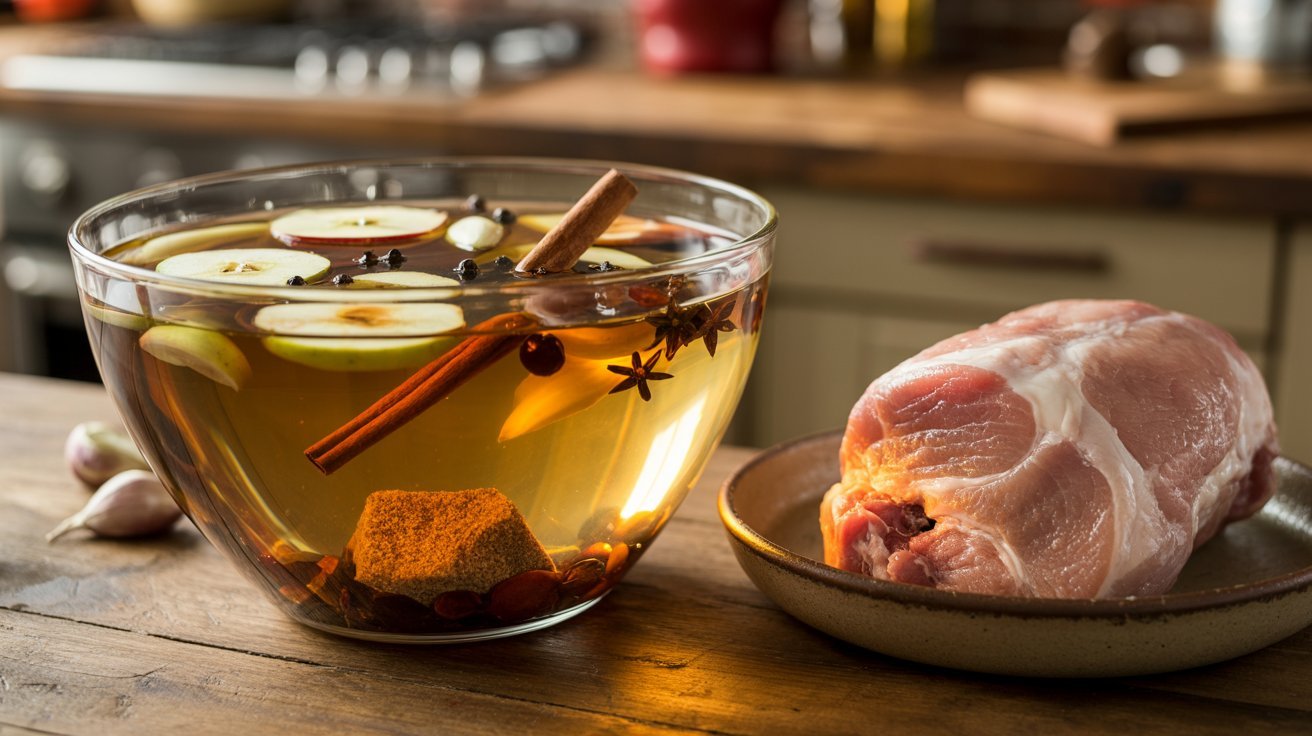 Pork chops and spices in a glass on a cutting board, showcasing ingredients illustrating a sweet and balanced apple cider pork brine recipe.