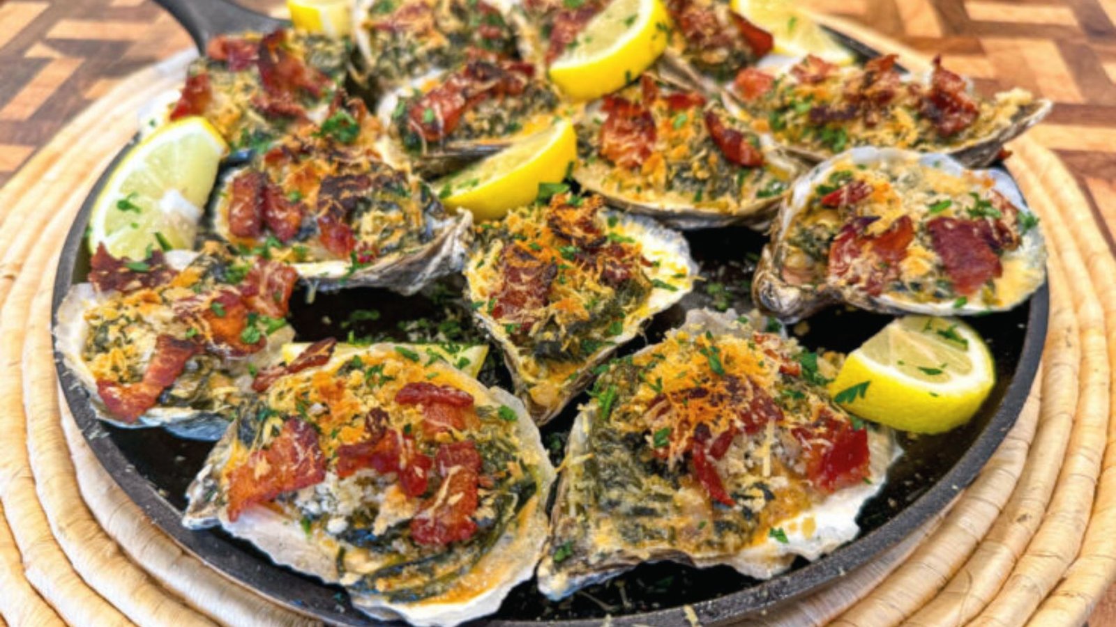 Oysters topped with bacon and cheese, arranged on a plate, showcasing a delicious seafood dish.