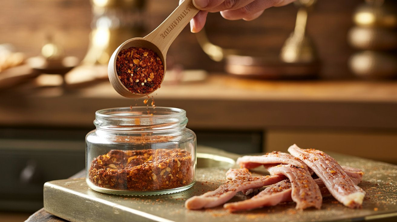 A person carefully adds 'Smoked Turkey Rub' spices into a jar, ensuring the correct amount is measured.