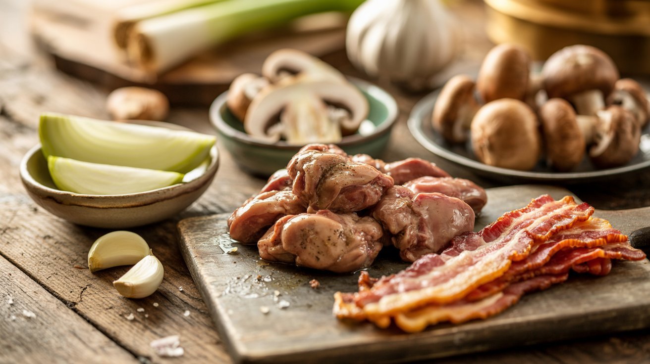 A cutting board displays raw meat, mushrooms, and bacon, ingredients for a rich and flavorful meal.