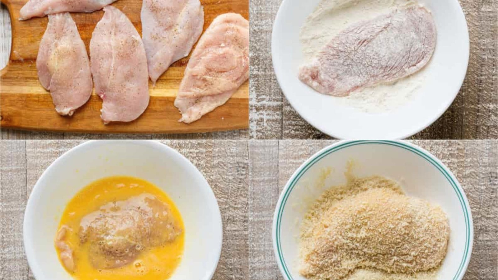 Four images illustrating the process of coating chicken breasts with flour, egg, and breadcrumbs