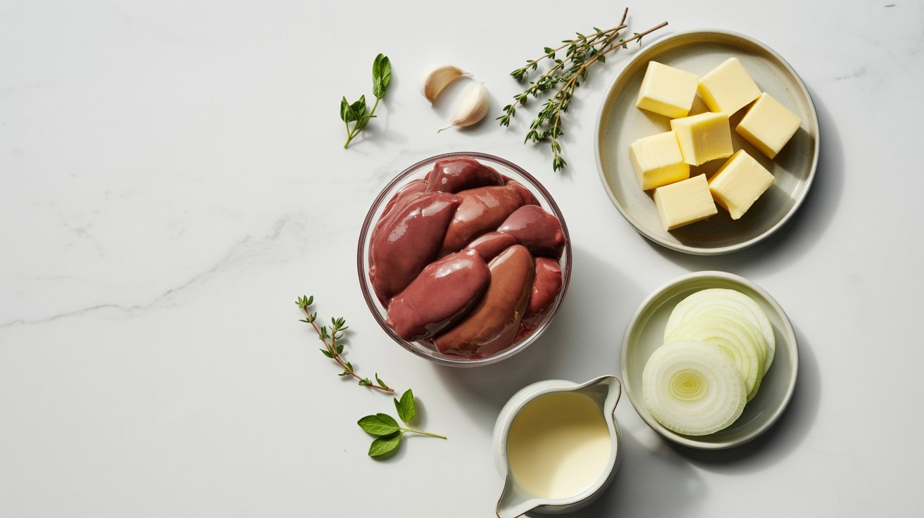 A collection of chicken liver mousse ingredients arranged on a white marble surface, featuring Chicken liver, butter, and herbs.