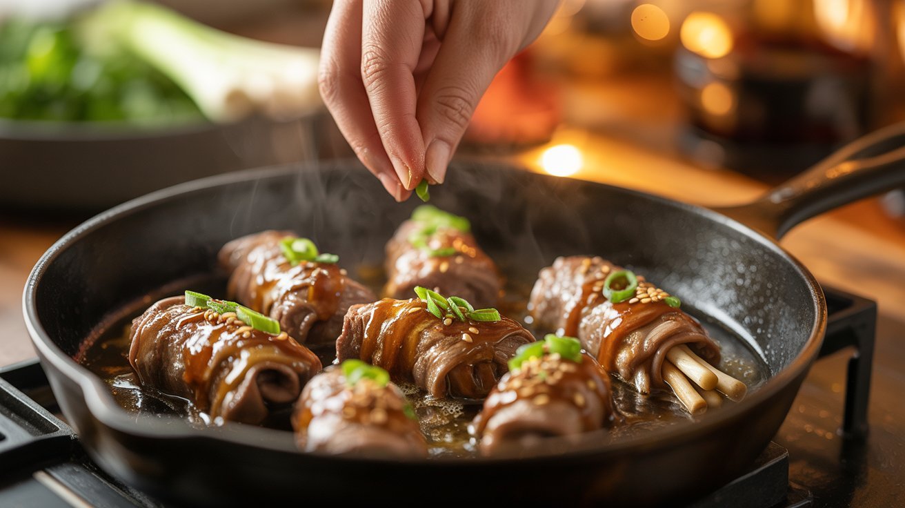A person garnishes meat in a skillet, allowing it to simmer before serving.