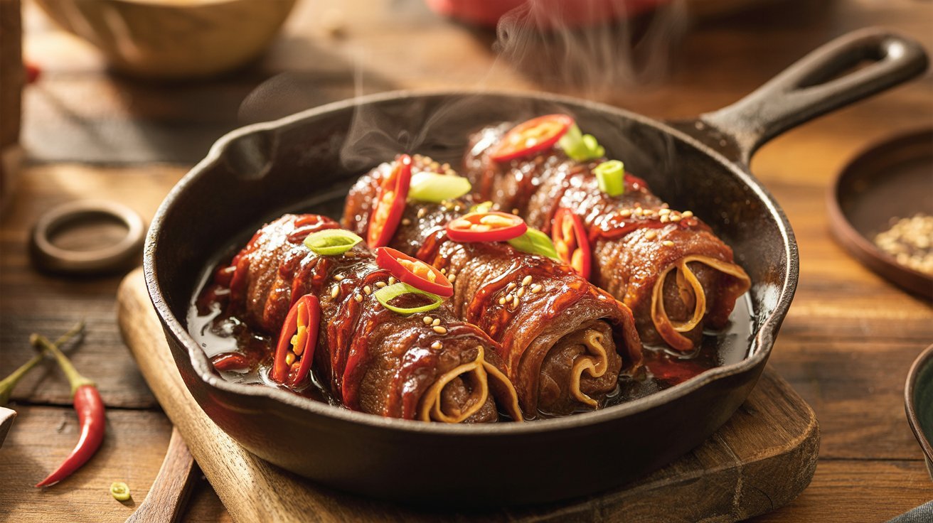 A pan filled with spicy enoki beef rolls drizzled with chili sauce, ready to be served.