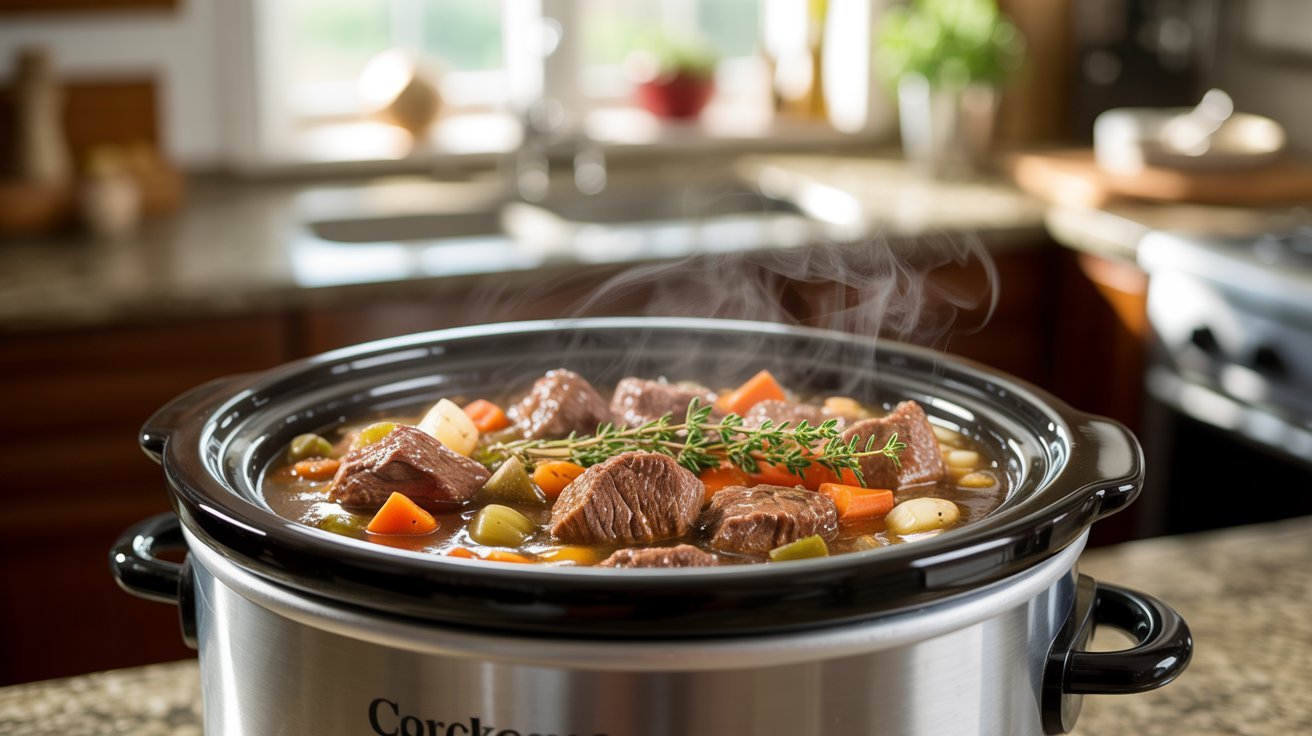 A bowl of slow cooker beef stew, featuring rich broth, chunks of beef, and assorted vegetables, perfect for home cooking.