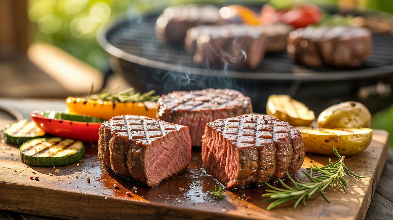 A wooden cutting board displays a grilled venison cube steak with an assortment of colorful vegetables.
