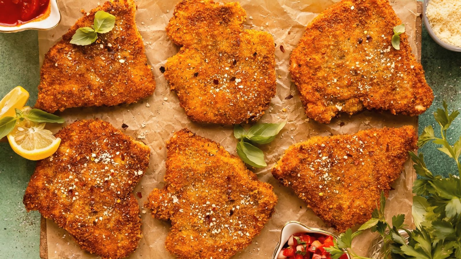 Chicken cutlets seasoned with lemon and herbs.