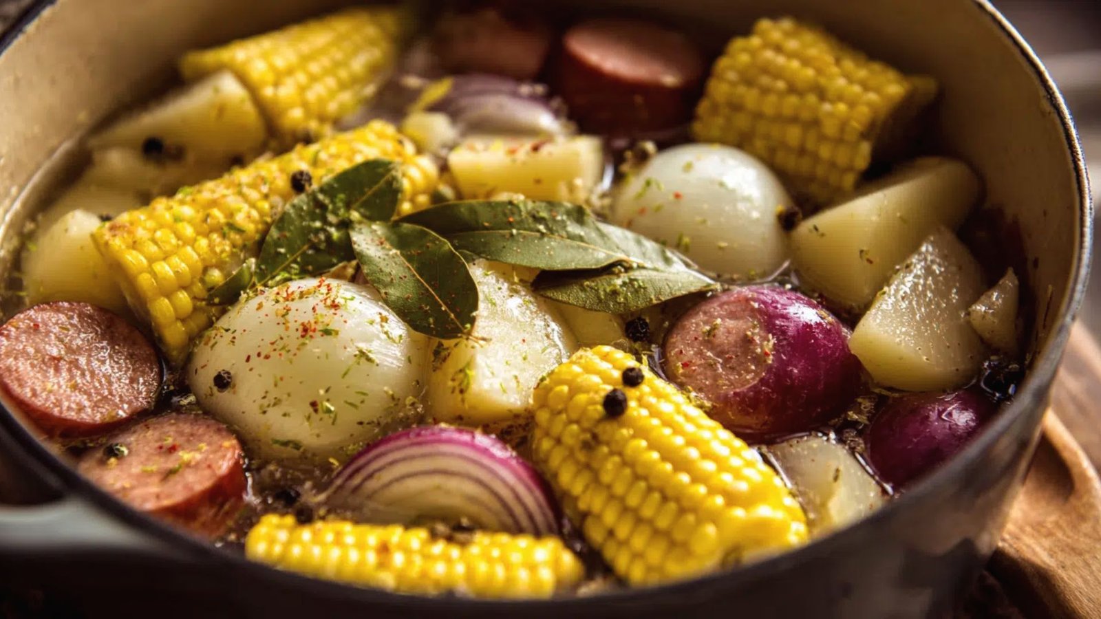 A pot brimming with potatoes, corn, and sausage, illustrating a savory combination of ingredients for a meal.