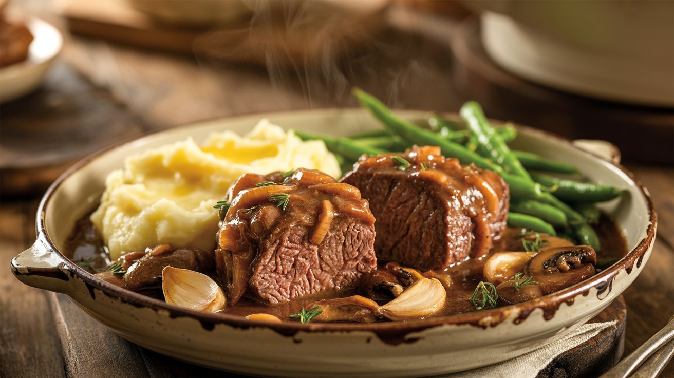 A serving of slow cooker venison cube steak with sides of potatoes and green beans on a white plate.