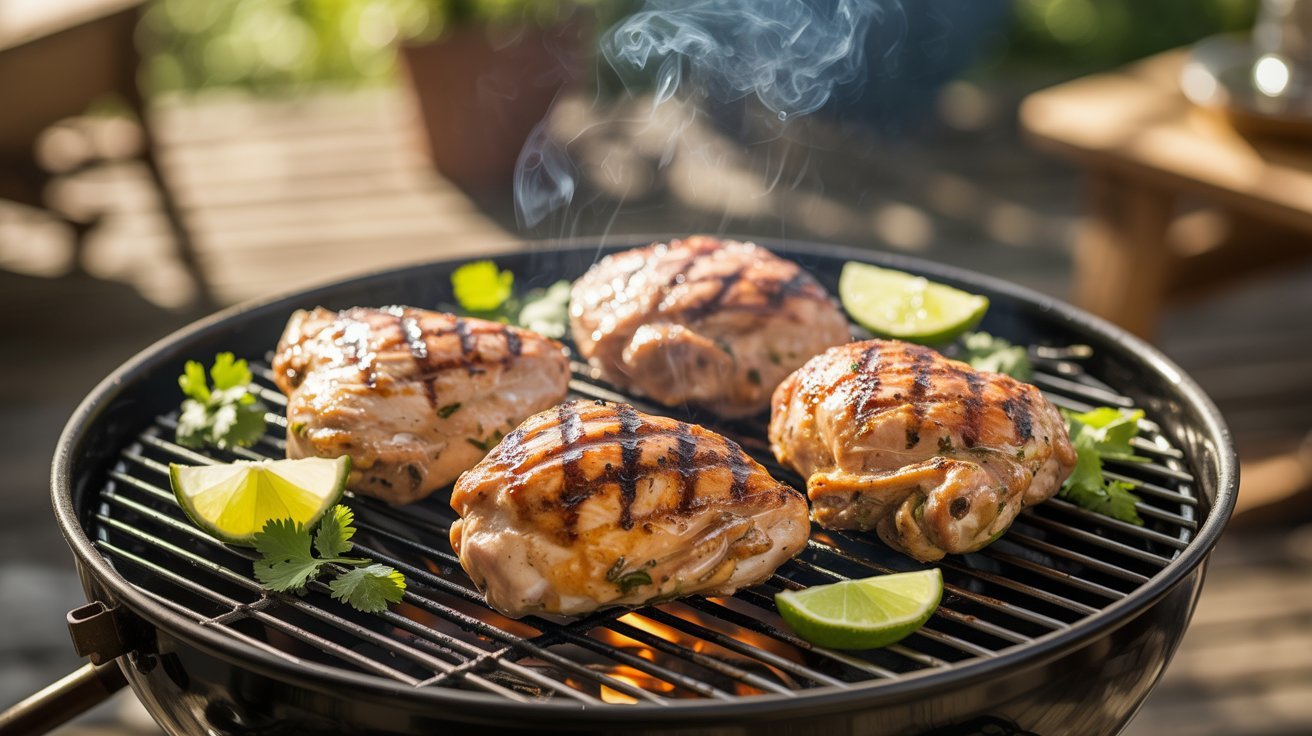 Grilled chicken thighs on a barbecue grill, garnished with fresh lime wedges for a zesty flavor.
