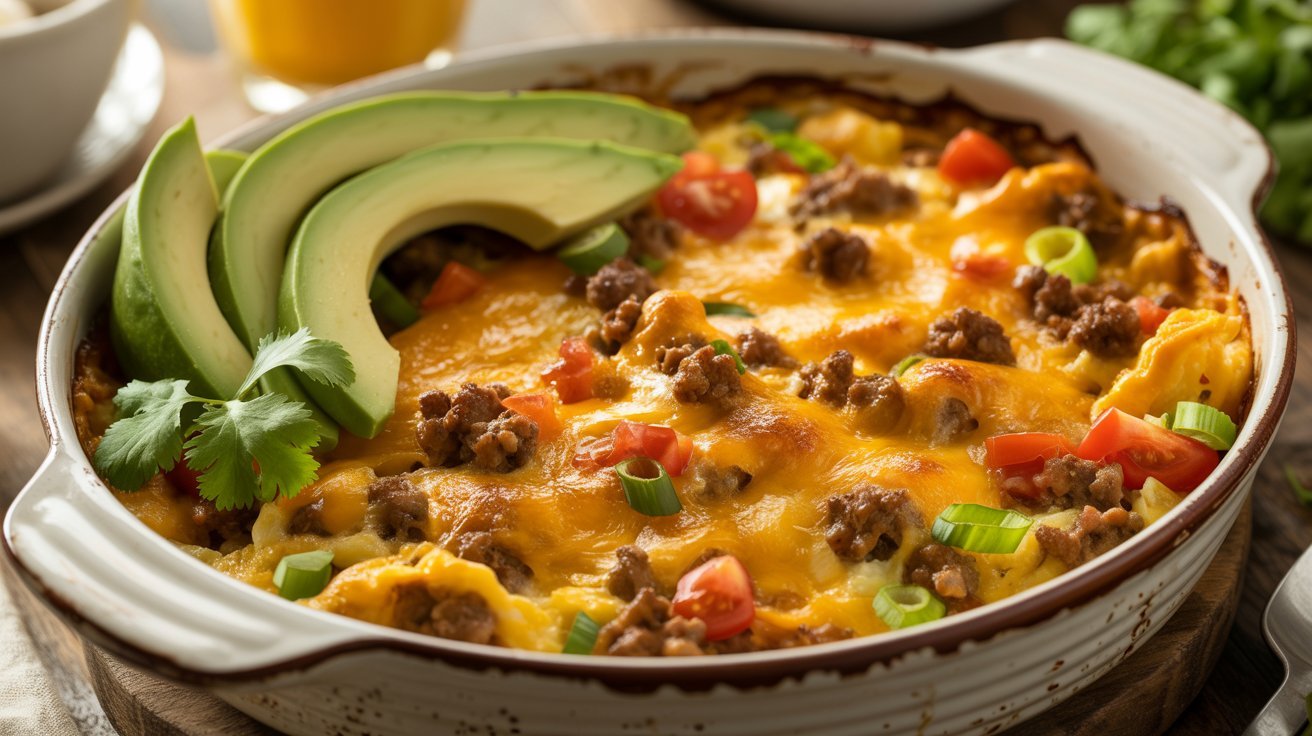 Breakfast casserole featuring sausage, eggs, and avocado, labeled as "Taco Egg Bake."