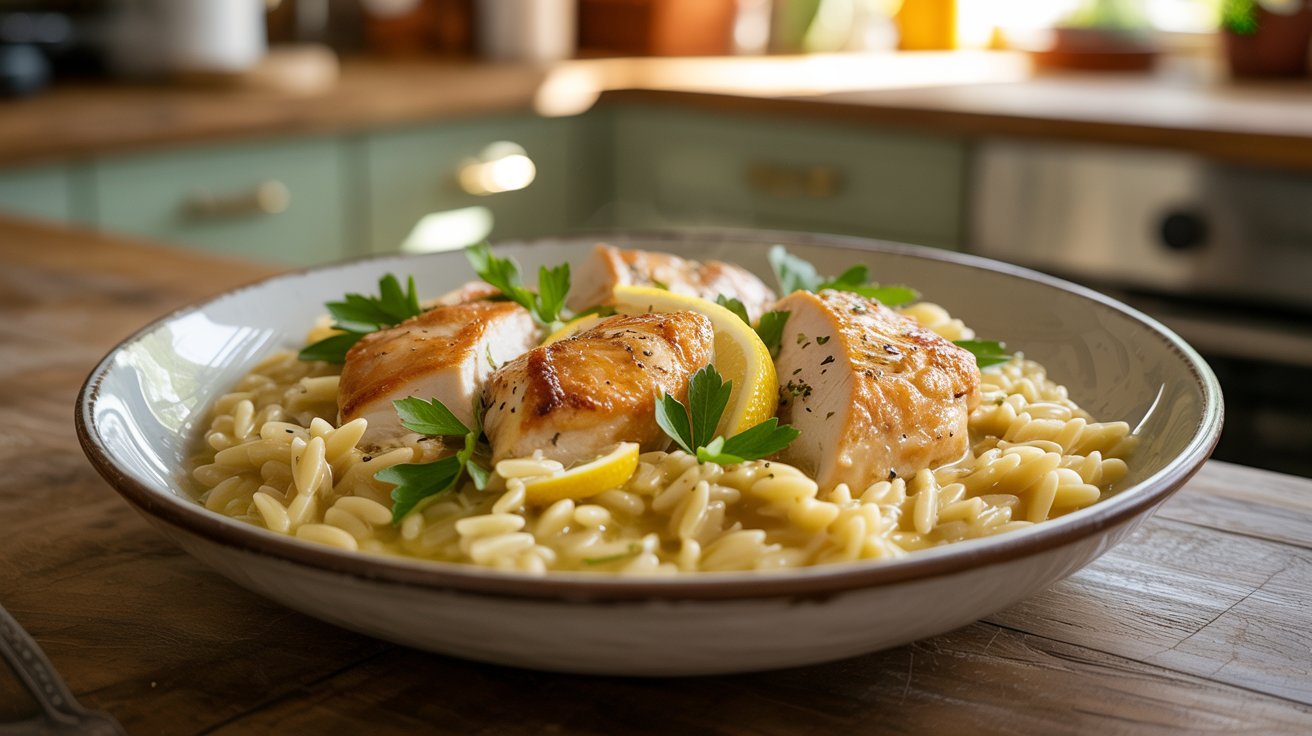 A bowl of lemon chicken orzo pasta topped with chicken pieces and served with lemon wedges on the side.