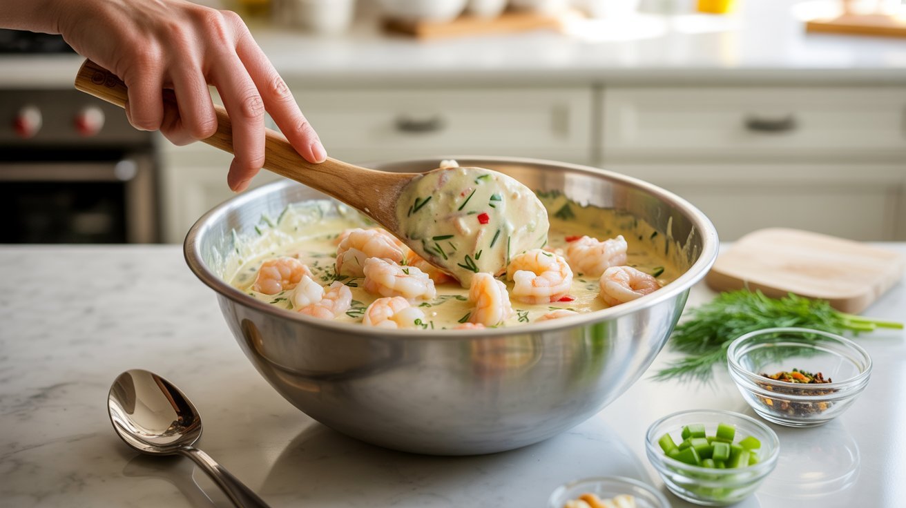 A person stirring shrimp into a bowl as part of a shrimp mold recipe preparation.