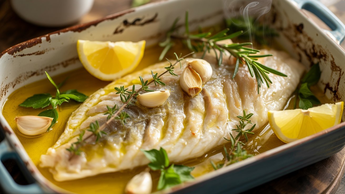 A fish in a pan garnished with lemon slices and herbs, representing Garlic Herb Oven-Baked Corvina.