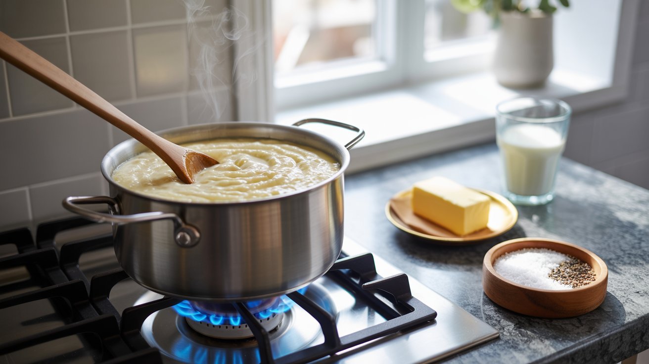 In a pot milk and chicken boiling , essential for an easy shrimp and grits dish at home.