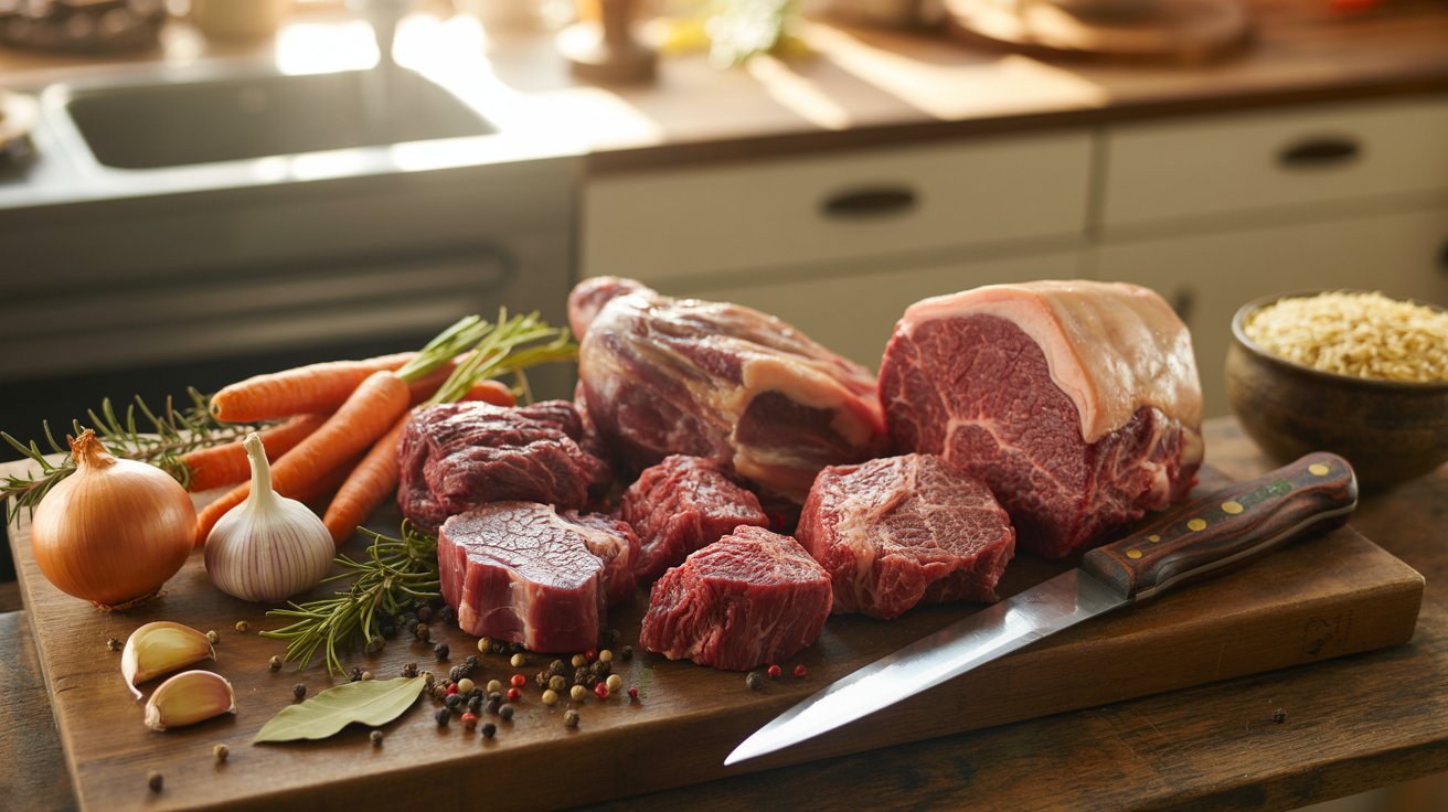 Raw beef cuts (chuck, brisket, round) on a wooden board with vegetables, herbs, and a butcher knife in a warm rustic kitchen setting.