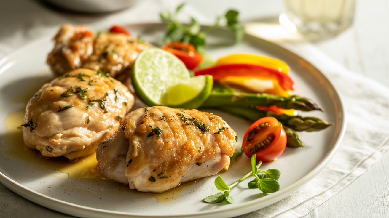 A white plate holds chicken thighs with colorful vegetables and lime, part of a Cooking Light Tequila Lime Chicken recipe.