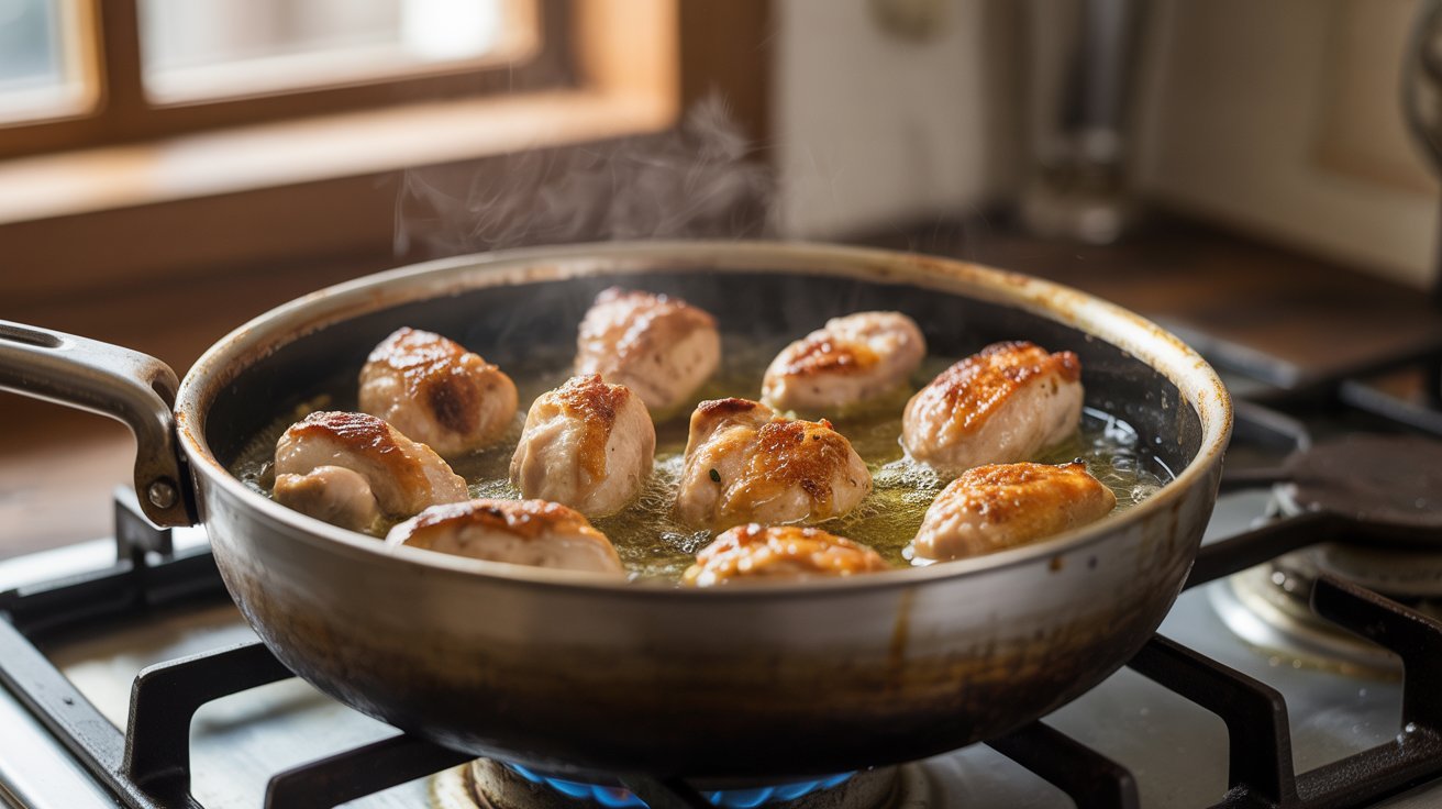 A pan with chicken sizzling as they cook, part of the One Pot Lemon Chicken Orzo Pasta recipe.