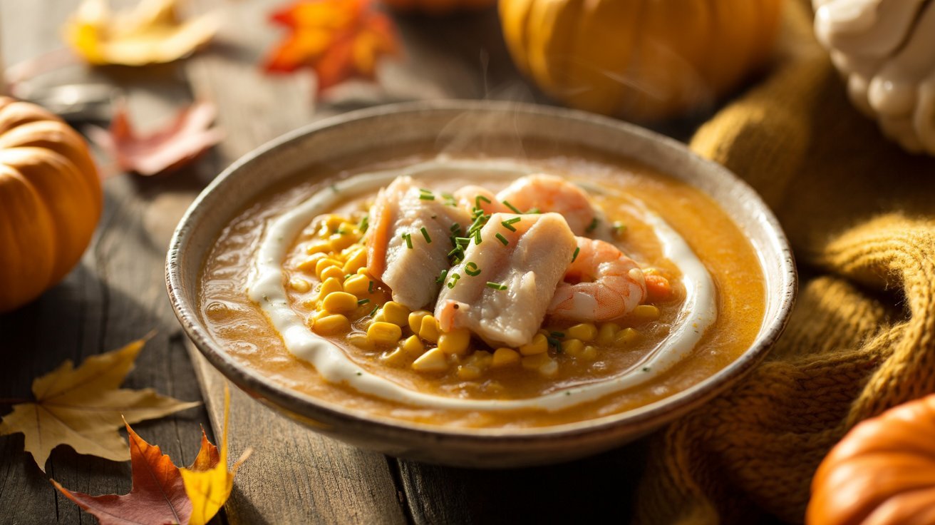 A bowl of creamy pumpkin soup garnished with shrimp and corn, highlighting a delicious seafood chowder presentation.