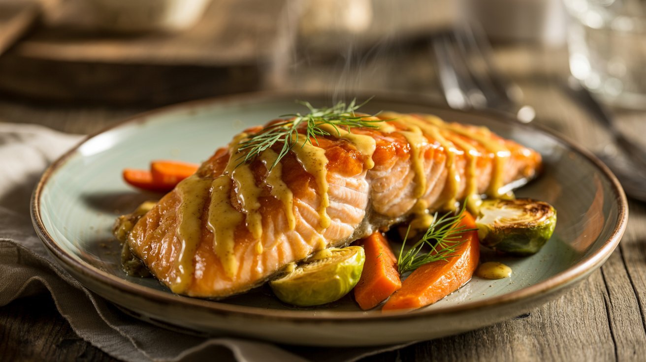 A plate featuring honey mustard baked salmon accompanied by assorted vegetables and a drizzle of sauce.