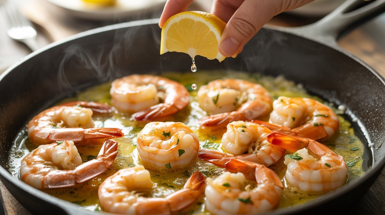 A hand is seen Squeezing a lemon into a pan of shrimp, demonstrating the process of improving the dish with citrus.
