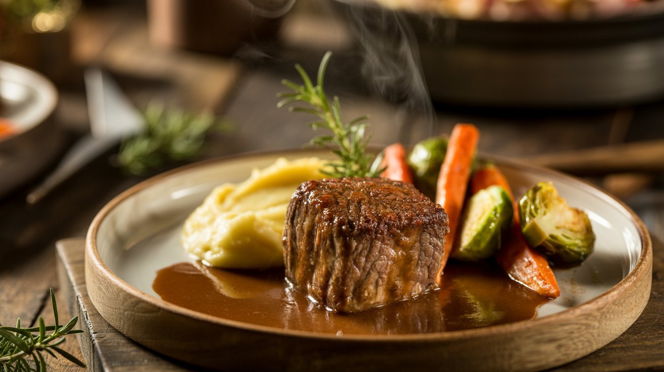 A plate featuring a juicy steak topped with gravy, accompanied by colorful vegetables.