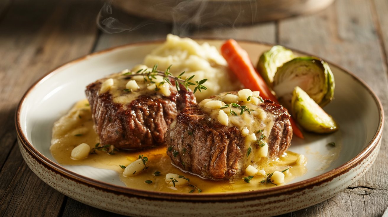 A dish with garlic butter venison cube steaks and a side of fluffy mashed potatoes on a white plate.