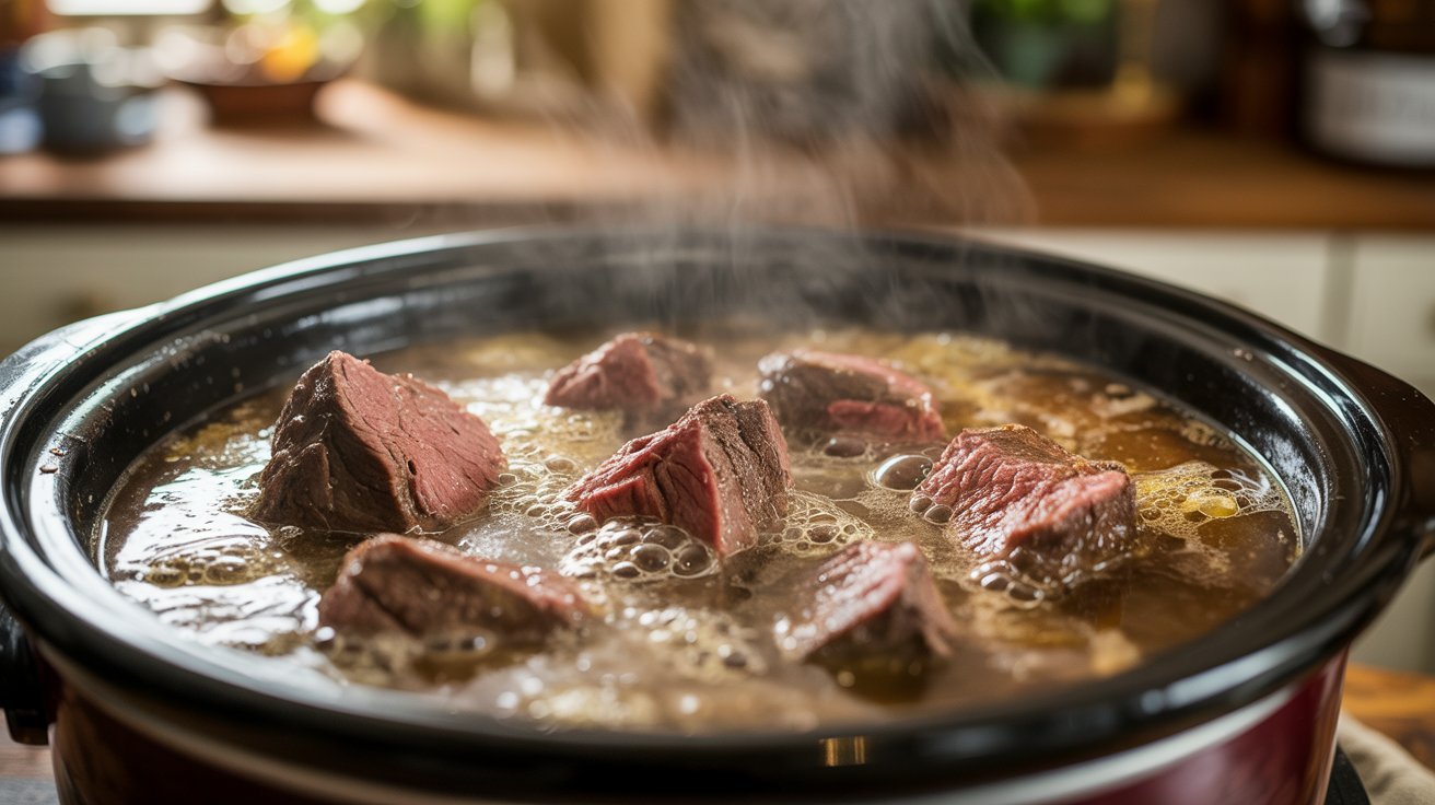 A cooker filled with beef stew, showcasing tender meat and vegetables,