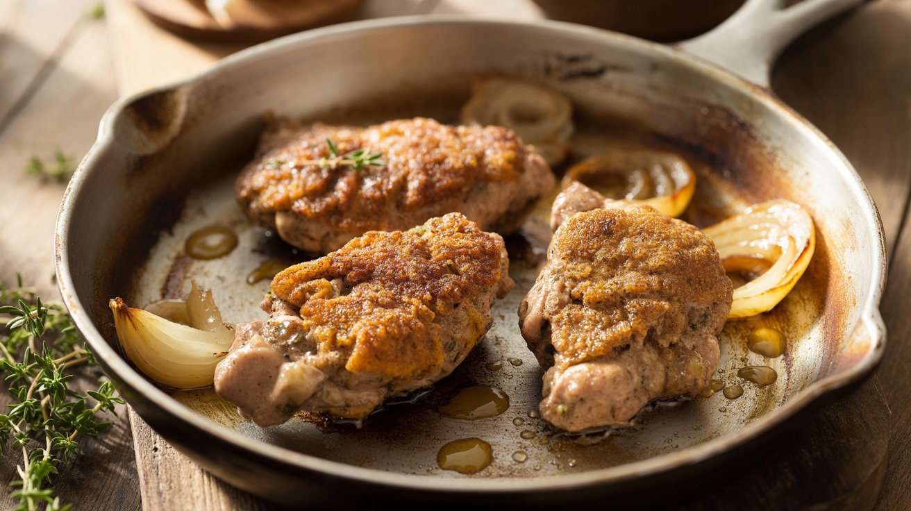 A skillet filled with pork chops, garnished with onions and herbs, highlighting a flavorful cooking scene.