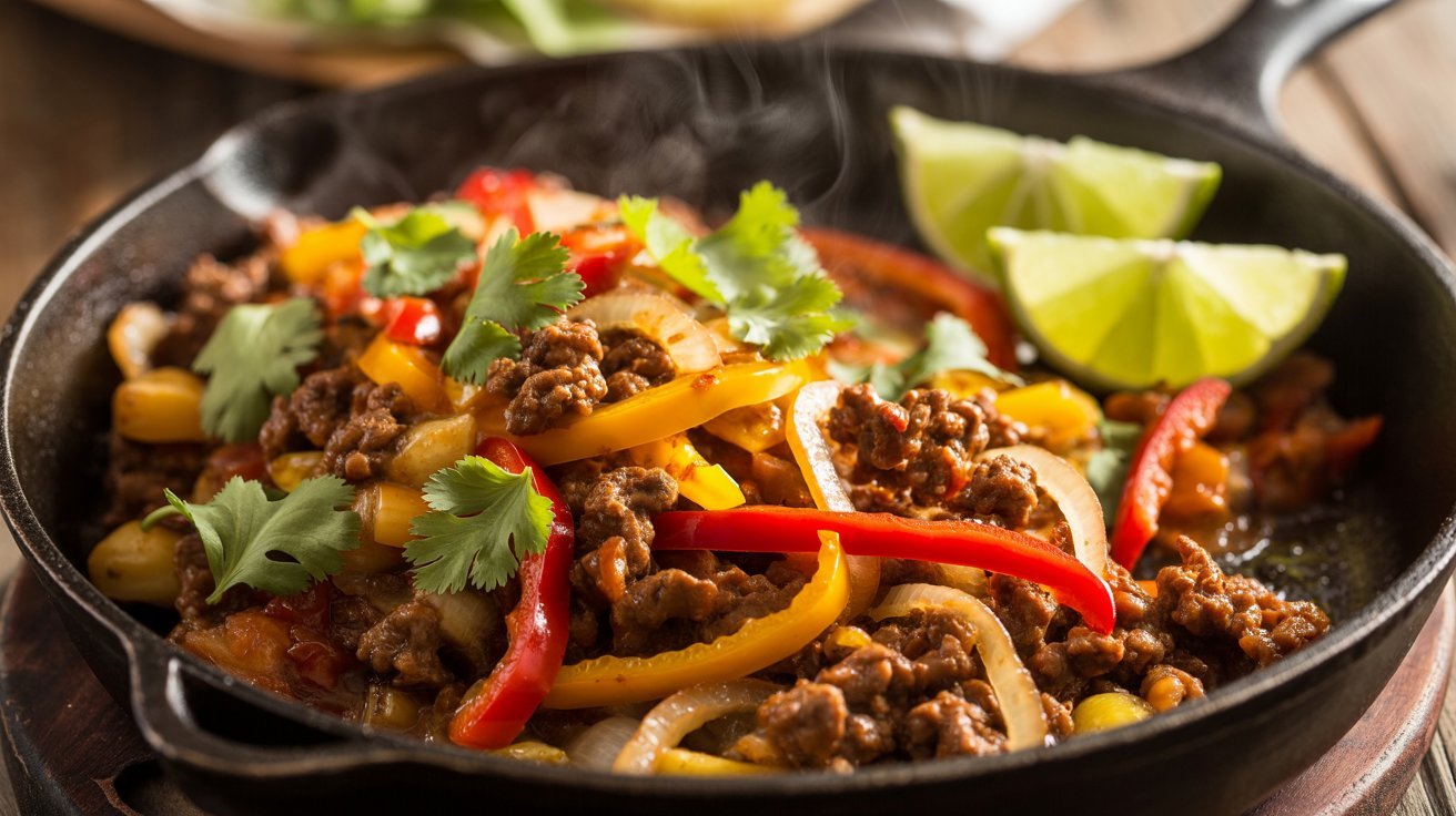 A taco stir-fry skillet displaying juicy beef mixed with sautéed peppers and onions, highlighting a flavorful meal.