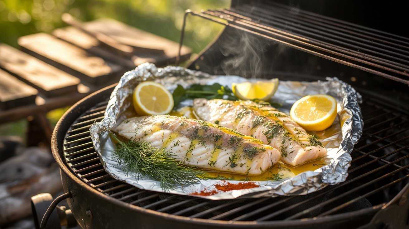 A perfectly grilled catfish topped with fresh lemon slices and dill, highlighting an easy recipe for flavorful meals.