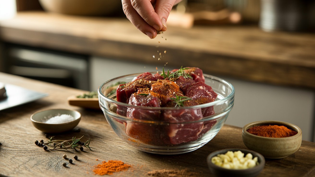 A person sprinkling spices over meat in a bowl, demonstrating the seasoning step in a cooking process.