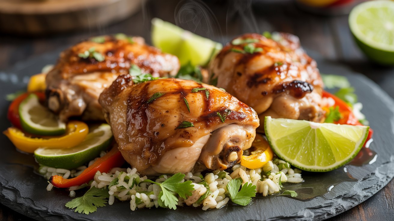 A black plate holds chicken thighs, rice, and vegetables, showcasing a Delish-Style Tequila Lime Chicken dish.