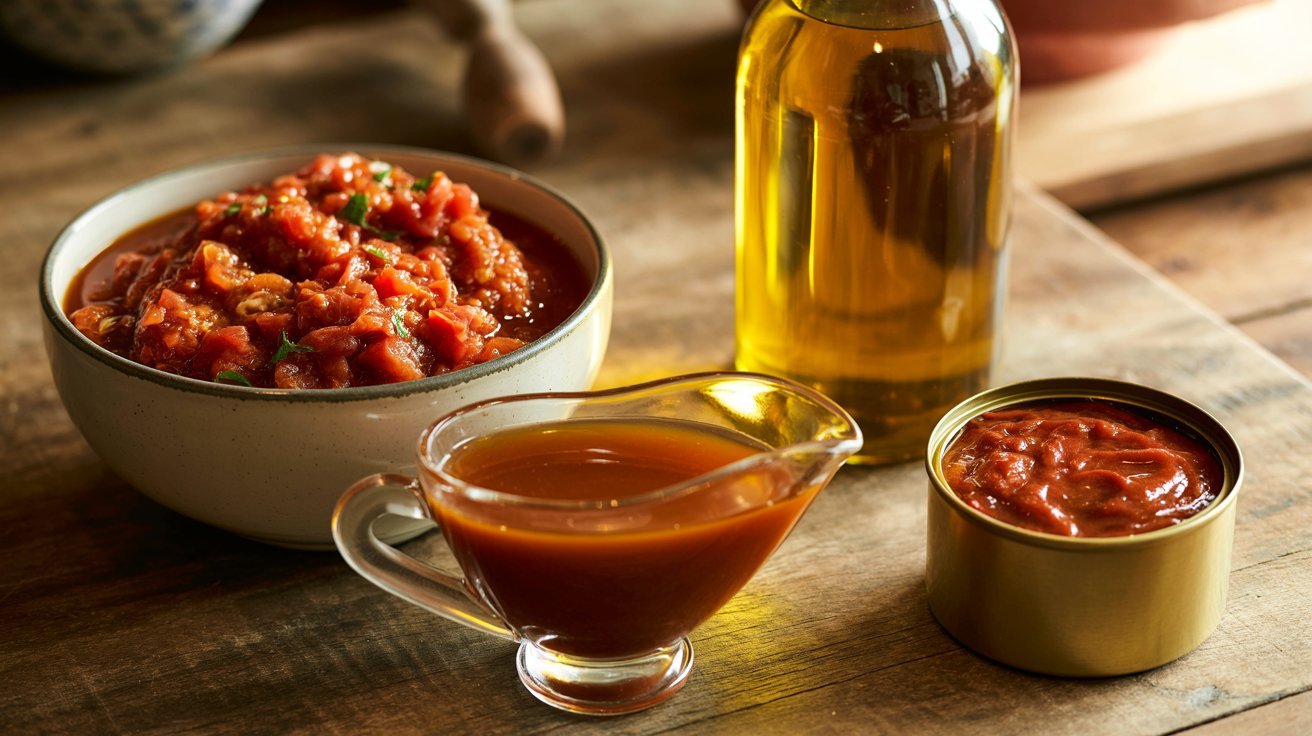 A bowl of rich tomato sauce beside a bottle, highlighting ingredients for flavorful home cooking.