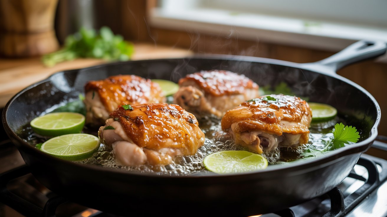 Skillet-cooked chicken thighs with vibrant lime slices, showcasing a delicious pan-seared dish.
