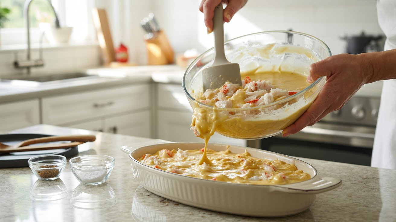 A person transfers crab rangoon dip from a bowl into a casserole dish for preparation.