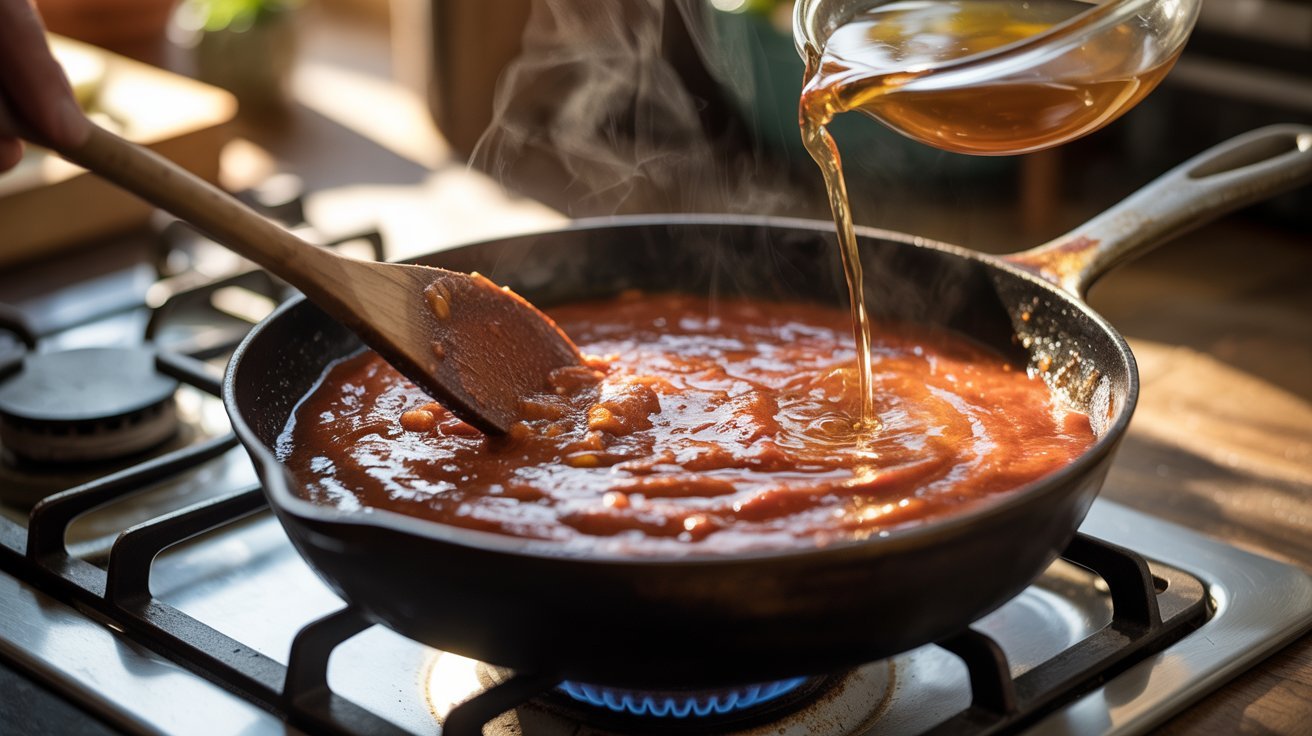 A person pouring sauce into a pan on the stove, preparing to simmer for a flavorful shrimp recipe.