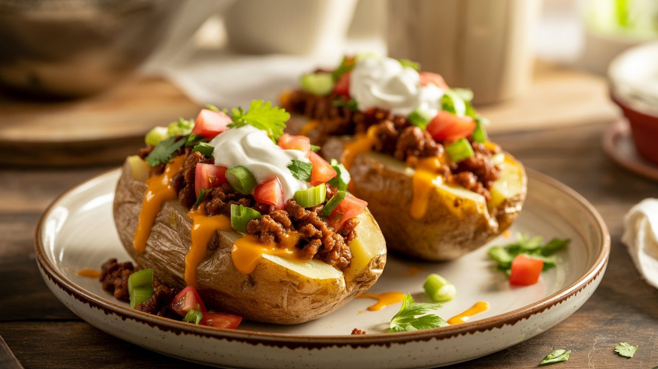 Two stuffed baked potatoes topped with chili and diced tomatoes, labeled as Taco Baked Potatoes.