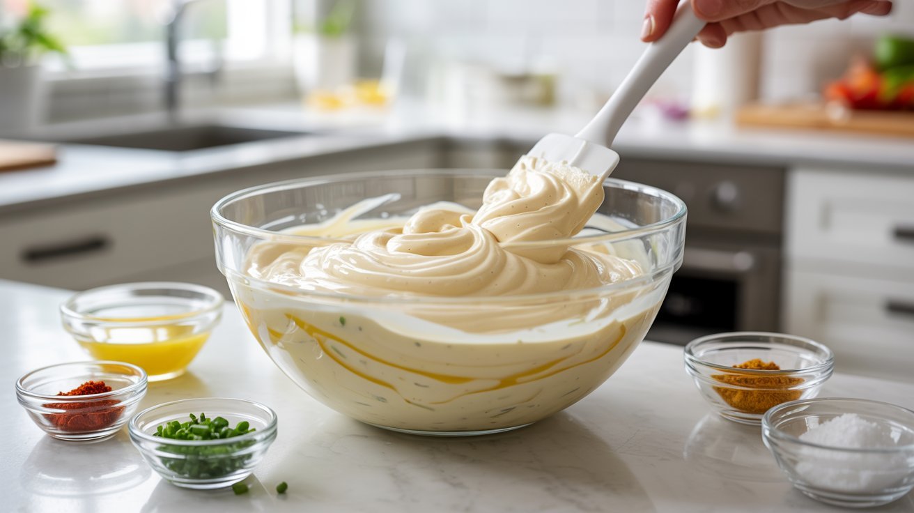 A person mixing cream cheese with various ingredients in a bowl for a shrimp mold recipe.