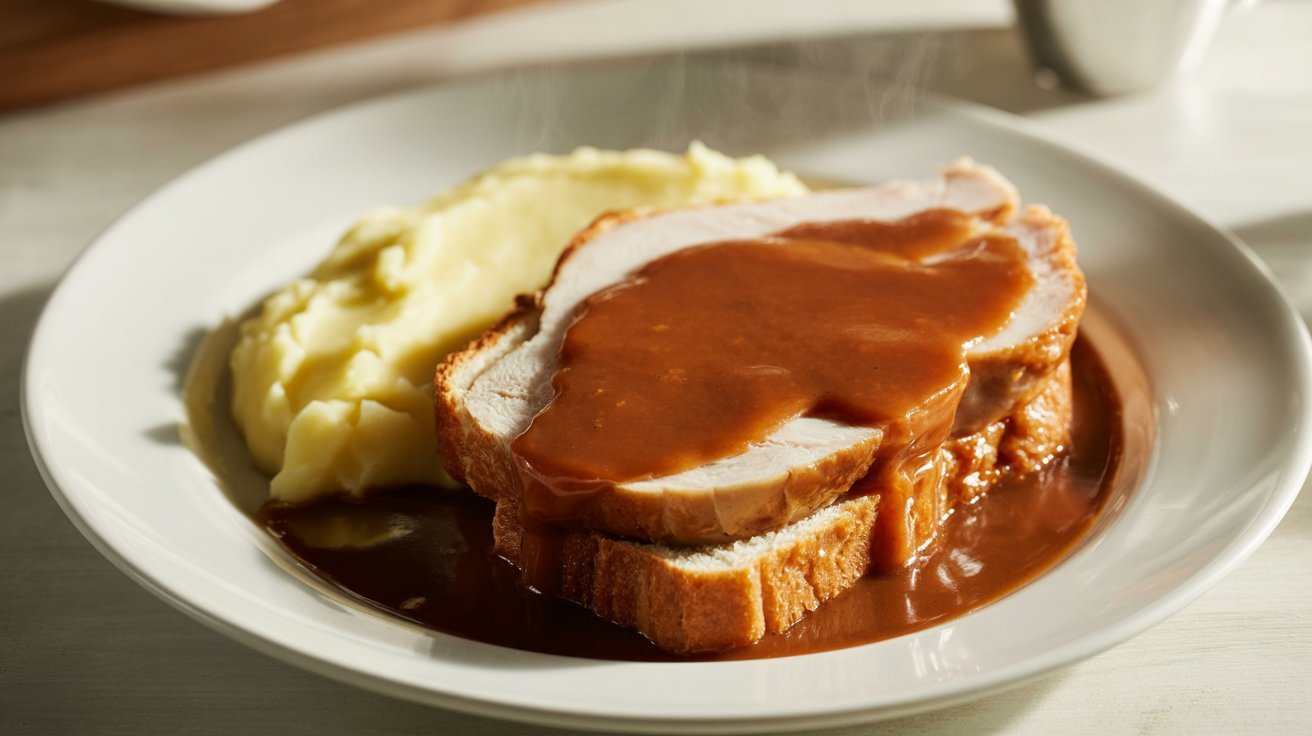 A plate featuring creamy mashed potatoes topped with rich gravy, part of a classic Turkey Manhattan recipe.