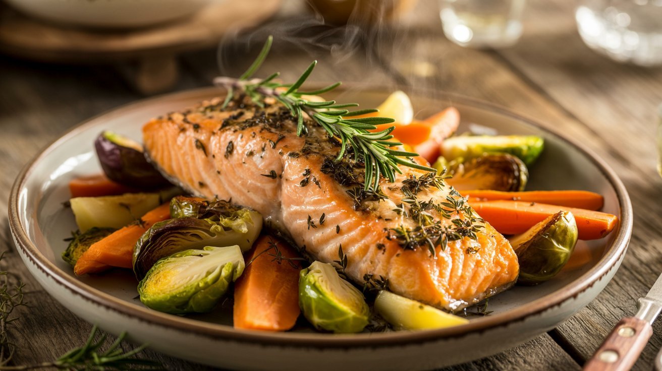 A plate featuring herb-roasted salmon accompanied by vibrant fall vegetables.
