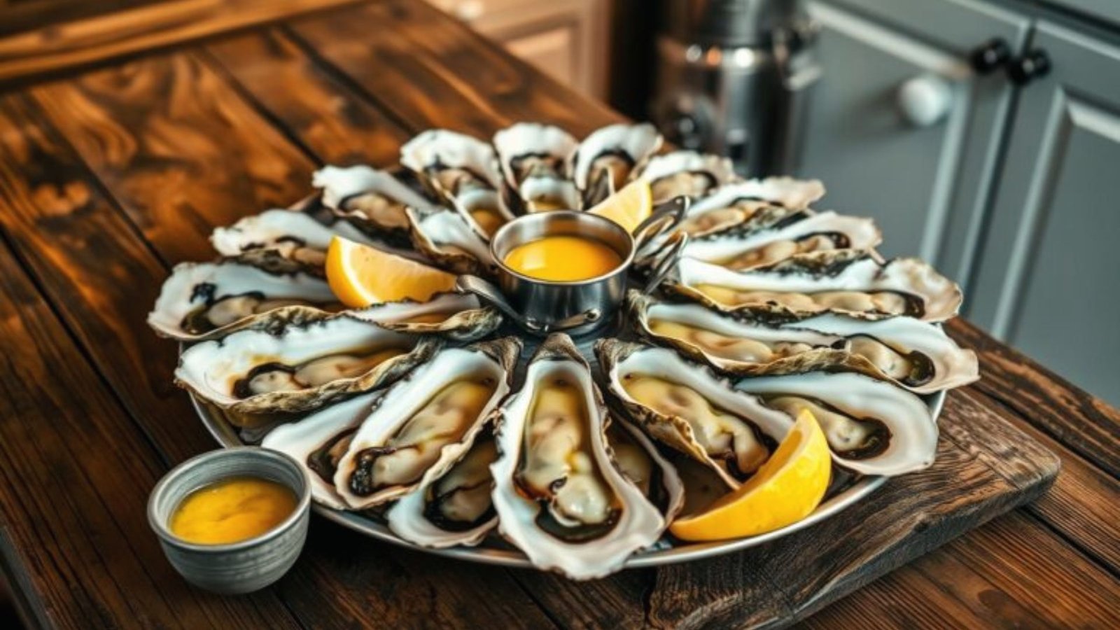 Fresh oysters on the half shell, garnished and ready to be served immediately.