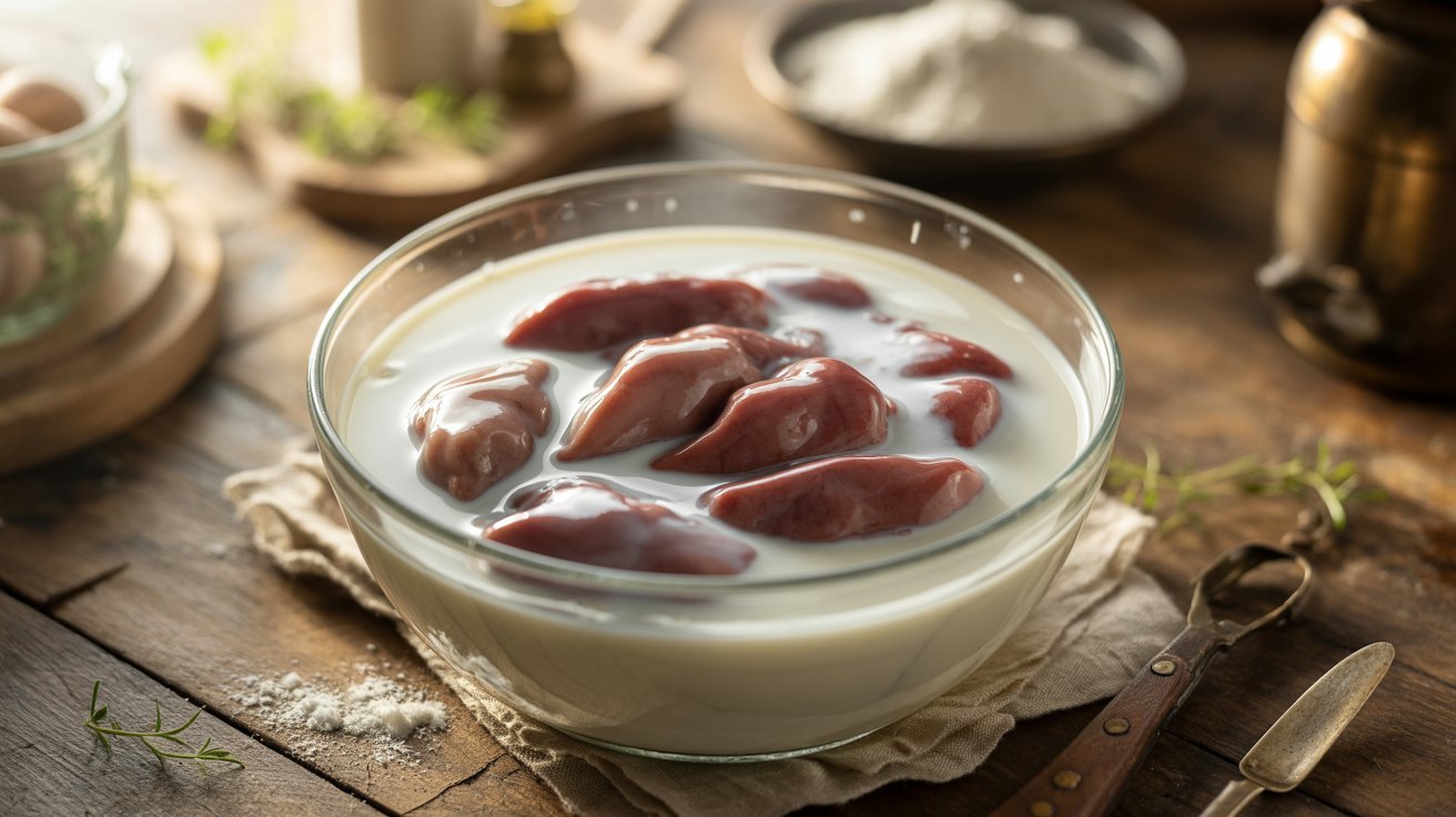 A bowl of milk containing chicken livers soaking for flavor enhancement before cooking.