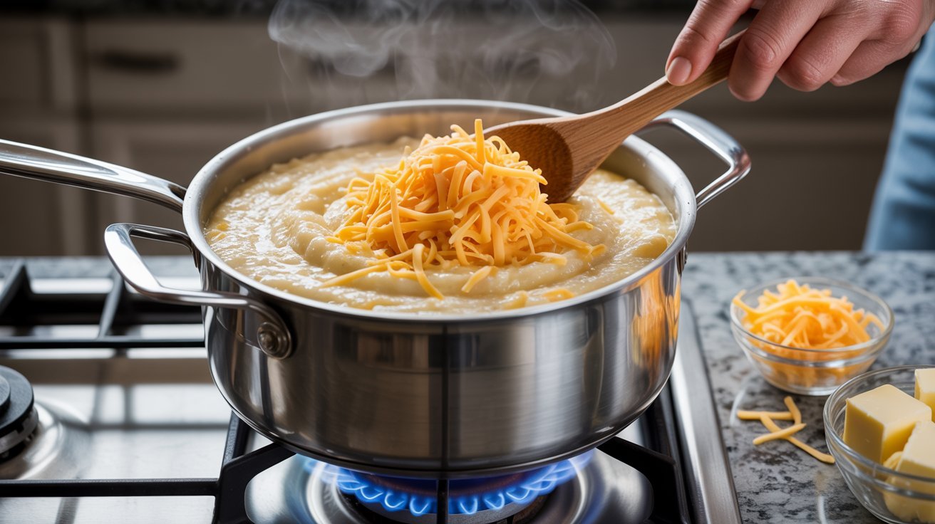 A pot of creamy grits on a lit stovetop with shredded cheese melting in as it’s gently stirred, with steam rising and ingredients nearby.