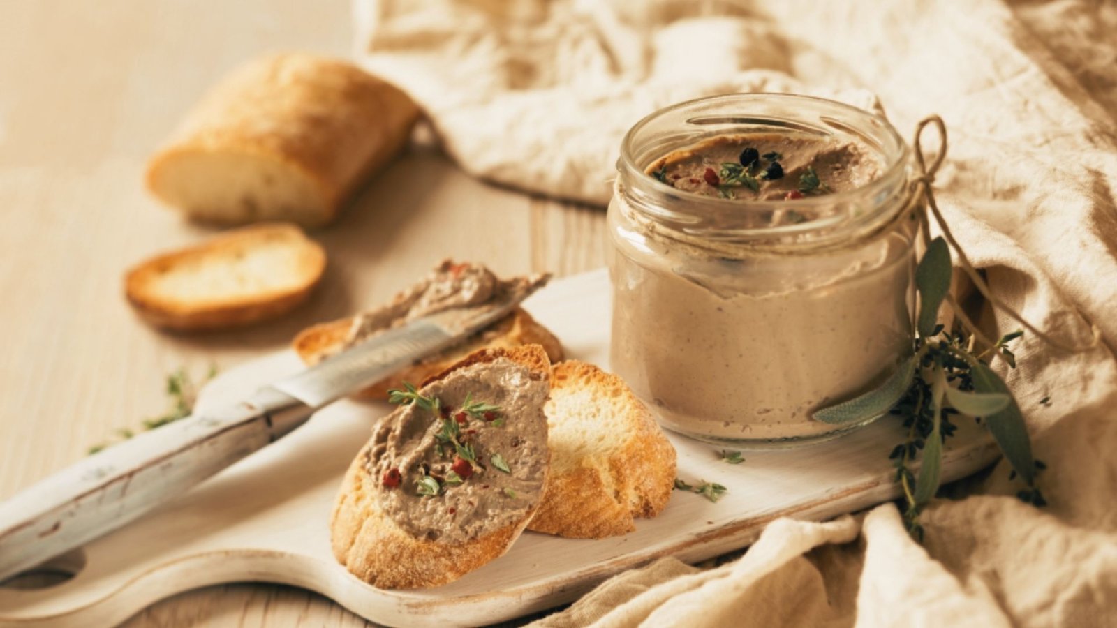 Sous Vide Chicken liver mousse served with bread and fresh herbs