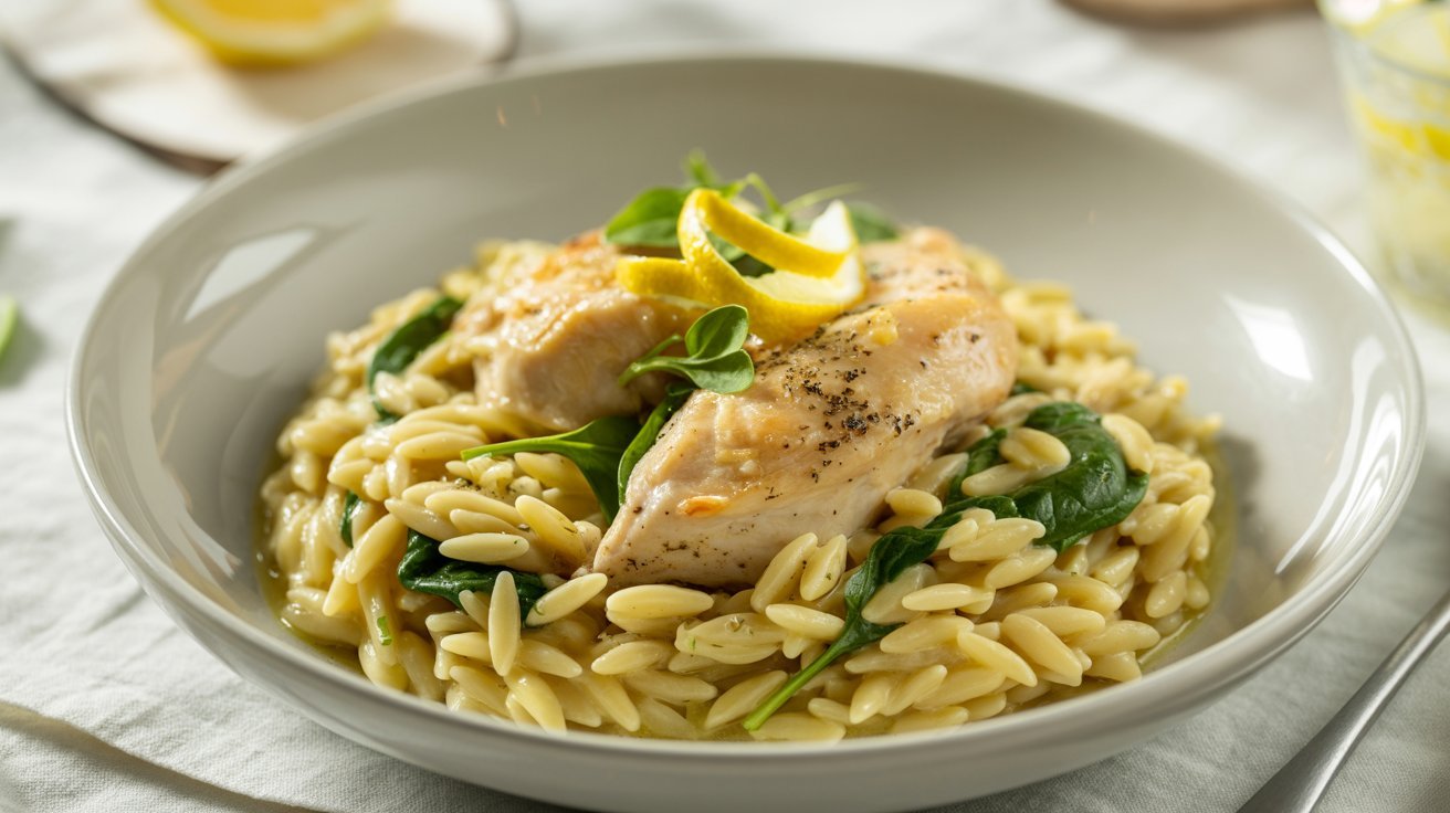 A bowl of light lemon chicken orzo pasta topped with fresh lemon slices, showcasing a vibrant and appetizing dish.
