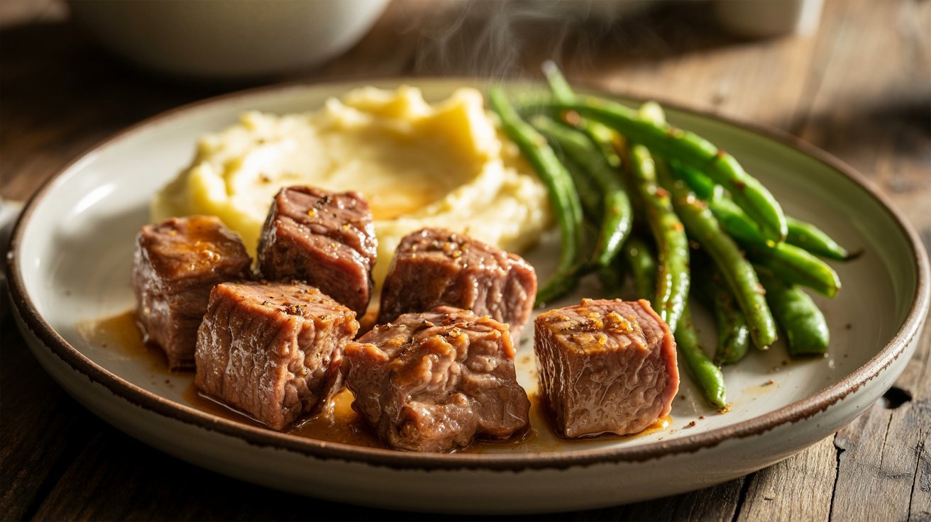 A plate featuring pan-fried venison cube steak, creamy mashed potatoes, and steamed green beans.