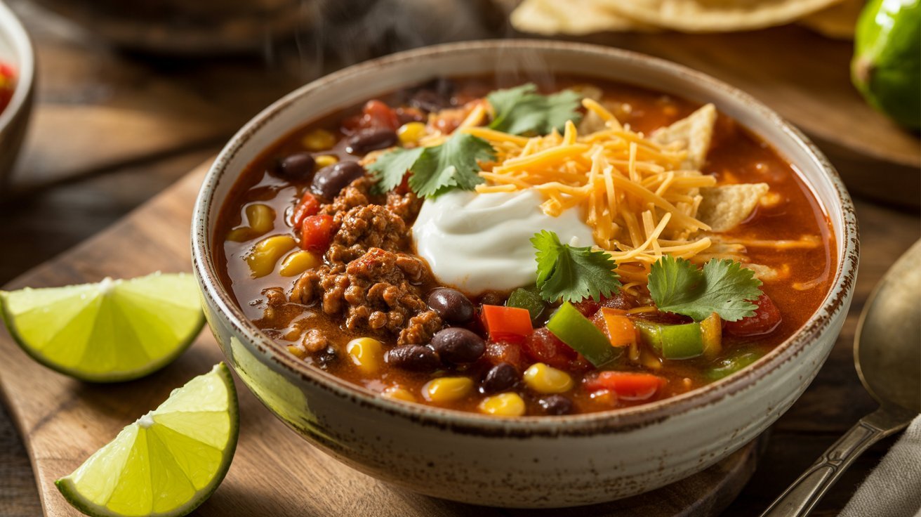 A one-pot meal of taco soup filled with beans, corn, and spices, displayed in a bowl with a spoon beside it.