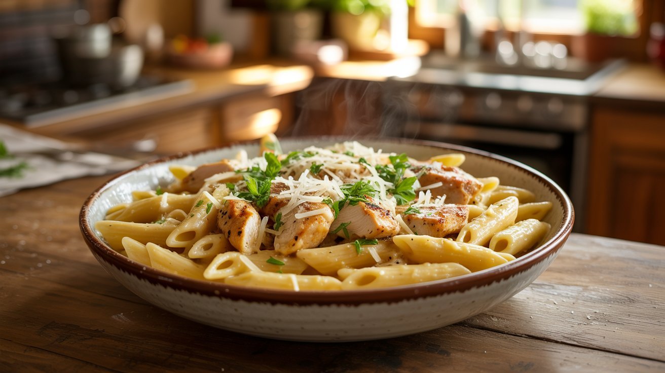 A bowl of garlic Parmesan chicken pasta featuring tender chicken mixed with pasta, garnished with herbs.
